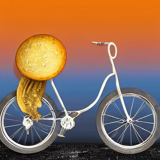 Image similar to a stainless steel bike, with swiss cheese wheels, there is a rat cycling on the surface of the moon and, drives away from a huge dangerous mushroom, explosion clouds. photorealistic