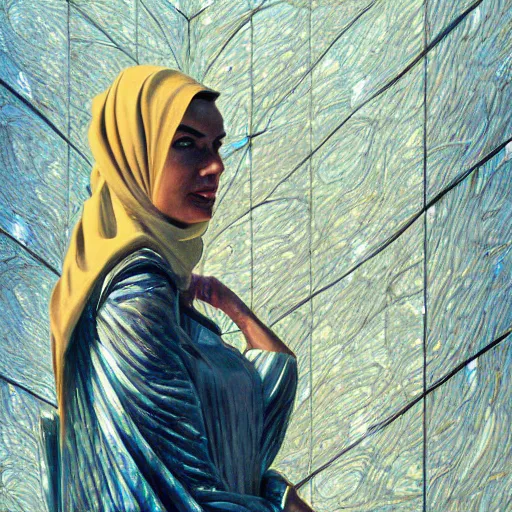 Image similar to detailed face of an arabic woman, travertine and stainless steel courtyard, terrazzo, tectonic sky, skydome, reactor, utopian, tech noir, wet reflections, prism, atmospheric, ambient, pj crook, syd mead, livia prima, artgerm, greg rutkowski, nick alm, casey baugh