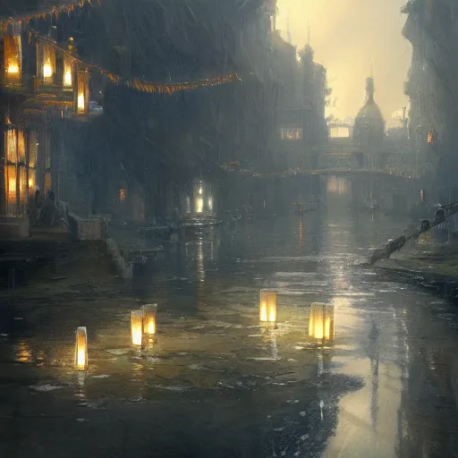 Image similar to concept art, water lanterns, high resolution, by james gurney, greg rutkowski, john howe, artstation