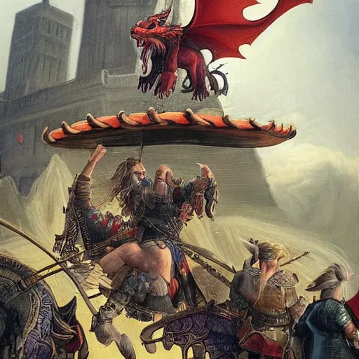 Image similar to a viking flies aboard a dragon over the white house, in his hands he holds the severed head of donald trump