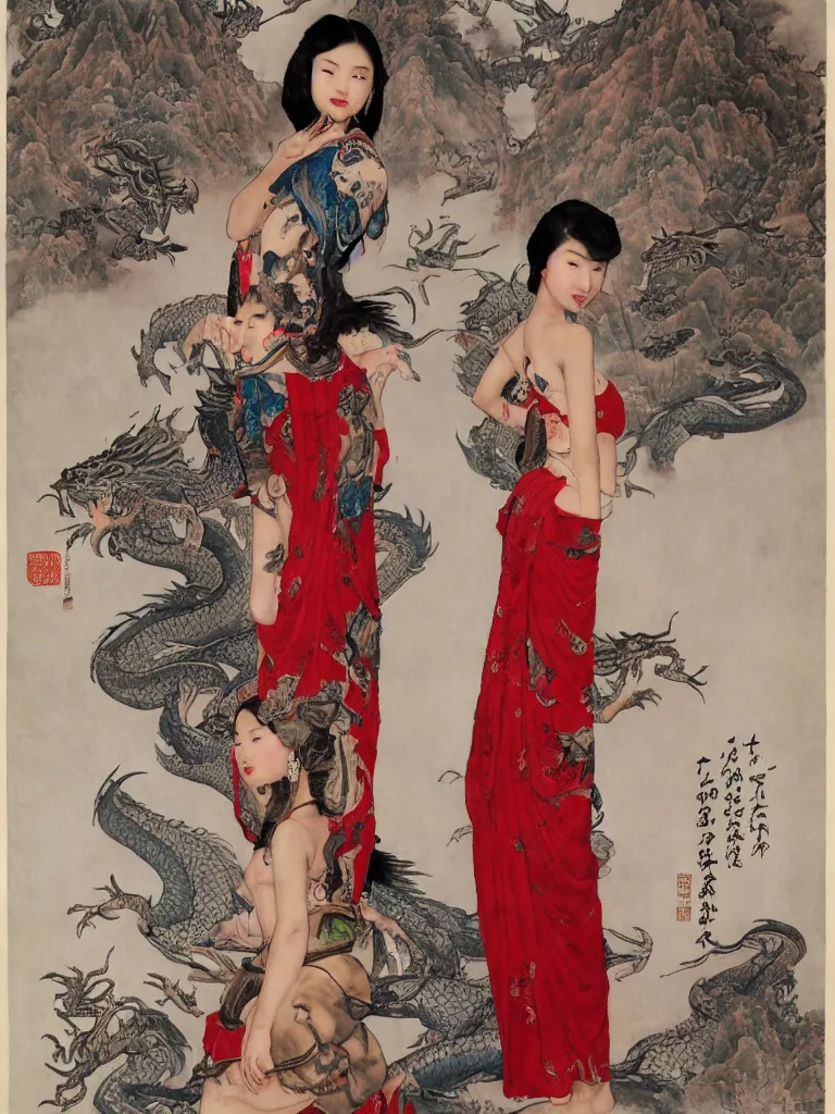 Image similar to a full figure Portrait of a beautiful Chinese girl with a tattoo of a dragon on her back standing in a temple by Norman Rockwell