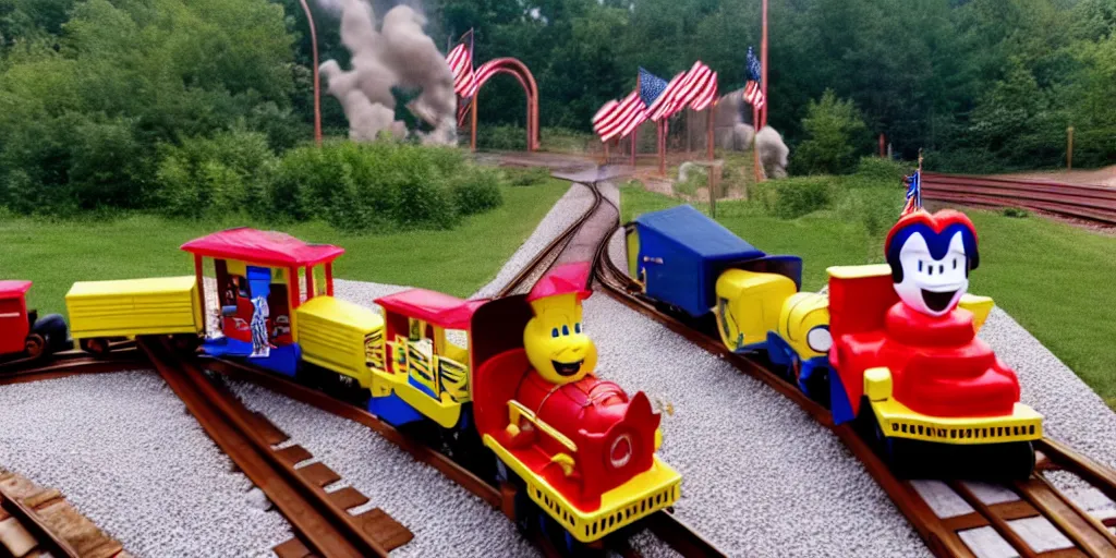 Image similar to Photo of Donald J. Trump crashing a kiddy train into gravel, screaming, taken in Silver Dollar City 2020