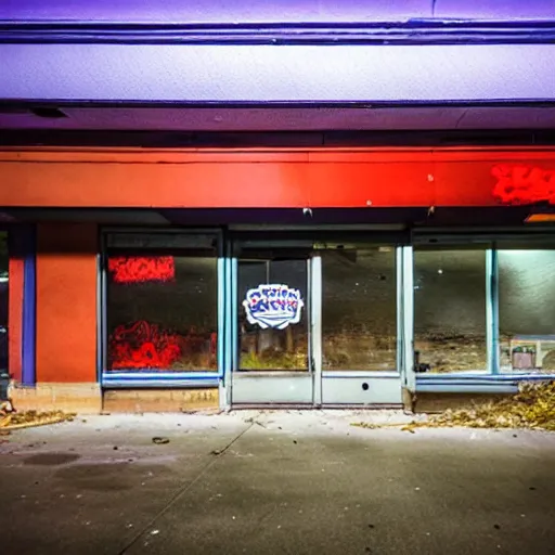 Prompt: photo of an abandoned Chuck E. Cheese, taken at night