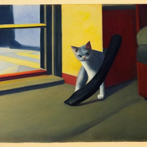 Image similar to cat putting on work boots, edward hopper painting, dark tones