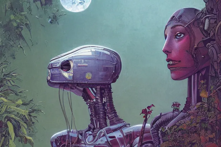 Image similar to gigantic robot - girl head floating in the space, a lot of exotic plants, trees, flowers, oldschool vintage sci - fi flat surreal grainy design, super - detailed, painting by enki bilal and moebius, hd, 4 k, high quality