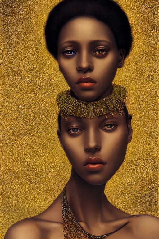 Image similar to Portrait of a Beautiful African female, sad green eyes, beautiful skin, elegant, jewellery, digital painting, Pre-Raphaelites, highly detailed, concept art, smooth, sharp focus, gold and indigo, illustration, art by Klimt .