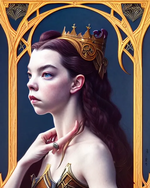 Prompt: anya taylor - joy ( queen's gambit ), art nouveau, fantasy, intricate chess designs, elegant, highly detailed, sharp focus, art by artgerm and greg rutkowski and wlop