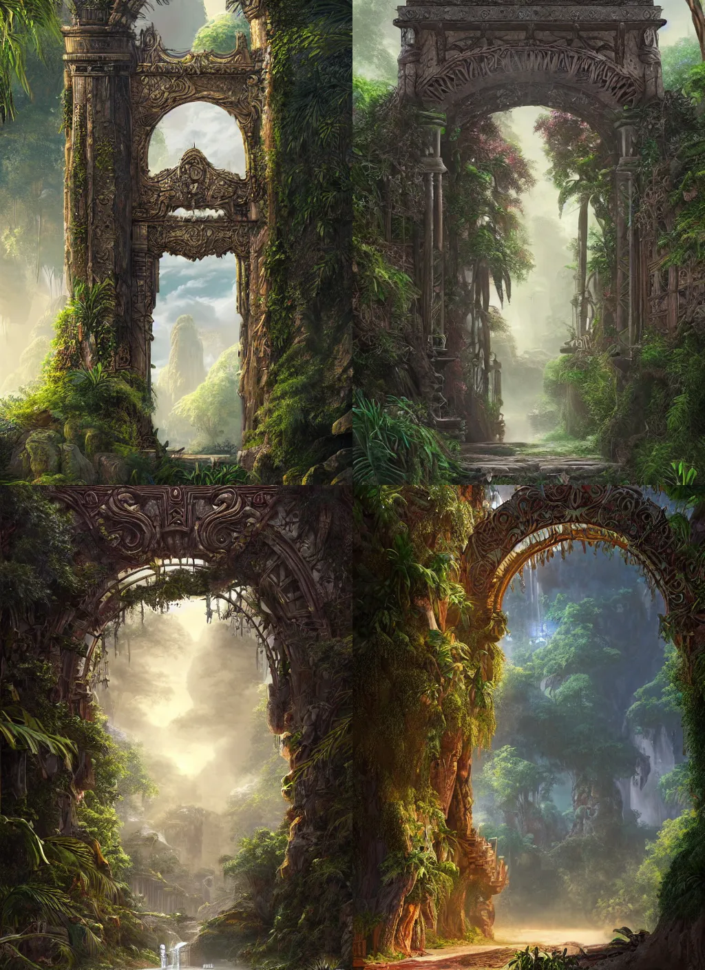 Prompt: a beautiful detailed matte painting of ancient ornamental mystical gate in the jungle, digital art by fzd school, hyper realistic, concept art, futurism, vibrant, detailed, trending on artstation