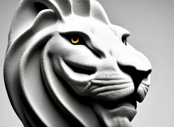 Prompt: futuristic porcelain sculpture of a lion ( designed by porsche ), xf iq 4, 1 5 0 mp, 5 0 mm, f / 1. 4, iso 2 0 0, 1 / 1 6 0 s, natural light, octane render, adobe lightroom, rule of thirds, symmetrical balance, depth layering, polarizing filter, sense of depth, ai enhanced