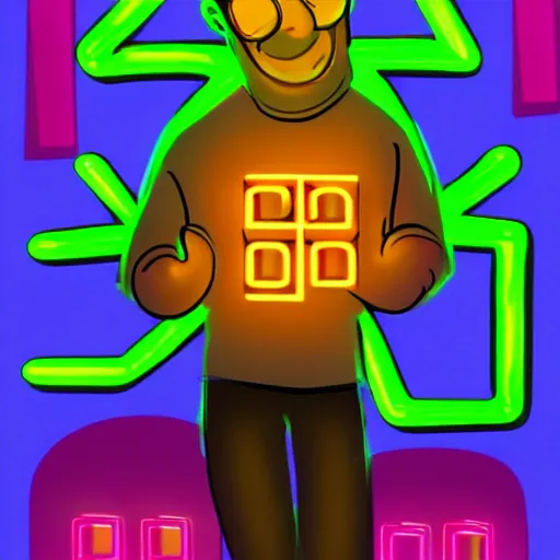Prompt: Gamebox art of a psychotic man running through a neon maze. He runs into floating glowing yellow pills and eats them. Trending on artstation.