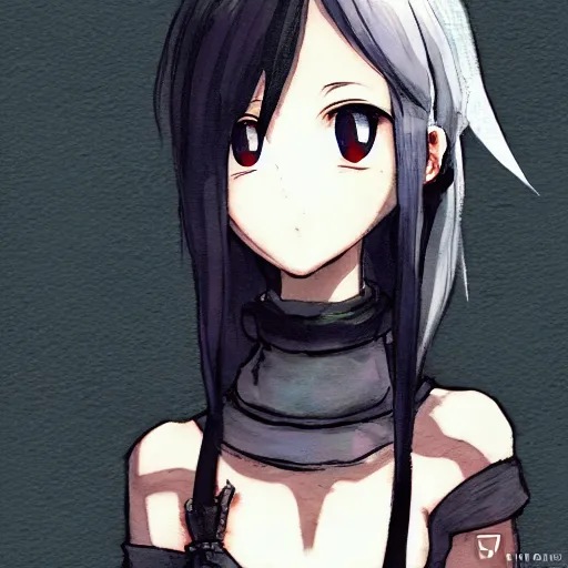 Prompt: a portrait of an anime girl, in her early 20's, with short black hair, wearing a black tank top and a sweater wrapped around her waist, art made by Akihiko Yoshida in the style of Bravely Default II, highly detailed, trending on art station, fantasy themed,