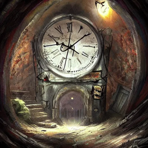 Image similar to an abandoned old,rusty, claimed by nature clock tower in a dark enormous cave, painting, illustration, Concept art, art station, DeviantArt