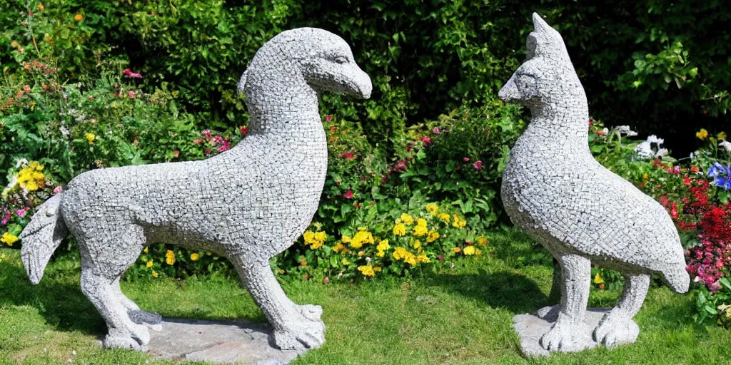 Image similar to extremely detailed carved concrete statue, pebble mosaic, of a griffin, in an english cottage style flower garden