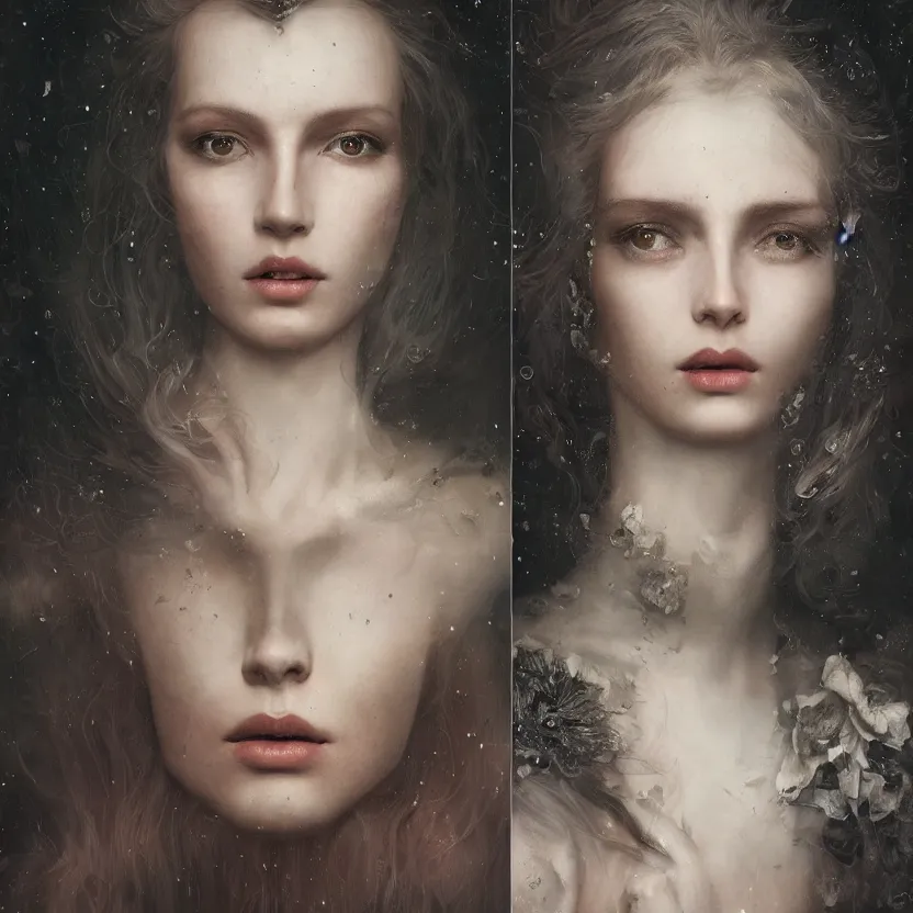 Image similar to stunning close up editorial portrait of one woman, symmetrical face, sci-fi skin, official prada editorial, beautiful pre-raphaelite portrait by charlie bowater, by Hendrik Kerstens, by Zhang Jingna, by norman rockwell, highly detailed