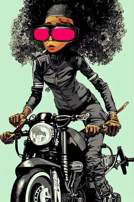 Image similar to black woman with goggles riding motorbike, afro hair, ilya kuvshinov, jamie hewlett, yoji shinkawa, muted colors, clean lines, bold linework, beautiful detailed illustration, 17th century oil painting, flat colors, studio ghibli, cel shading,