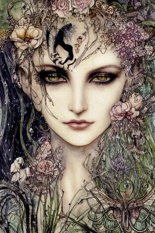 Image similar to dark fairy queen closeup face surrounded by floral frame, art by luis royo and walter crane and kay nielsen, watercolor illustration,