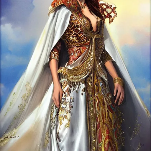 Prompt: a beautiful arabian woman wearing a wedding dress kaftan by karol bak, ayami kojima, artgerm, arabian beauty, blue eyes, smile, concept art, fantasy