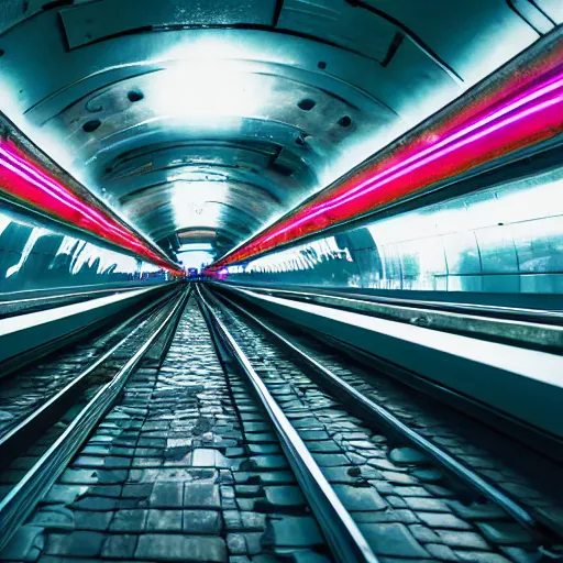 Prompt: underground train station, futuristic, neon colours, highly saturated, high def, 8 k, hd, highly detailed,