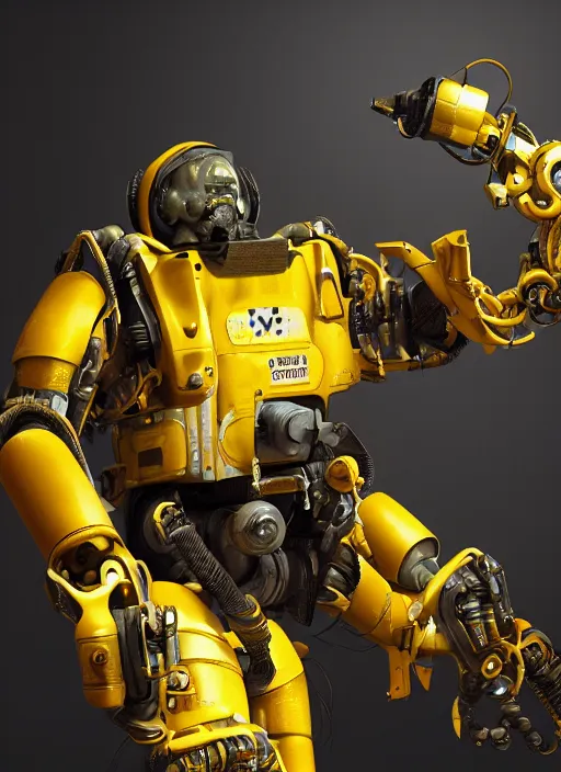 Prompt: a photorealistic dramatic hyperrealistic render of a futuristic exosuit power loader heavy machinery, ultra realistic details, glossy yellow, well worn, oil stains by vitaly bulgarov and mike nash, beautiful dramatic dark moody tones and lighting, cinematic atmosphere, studio lighting, shadows, dark background, octane render, 8 k
