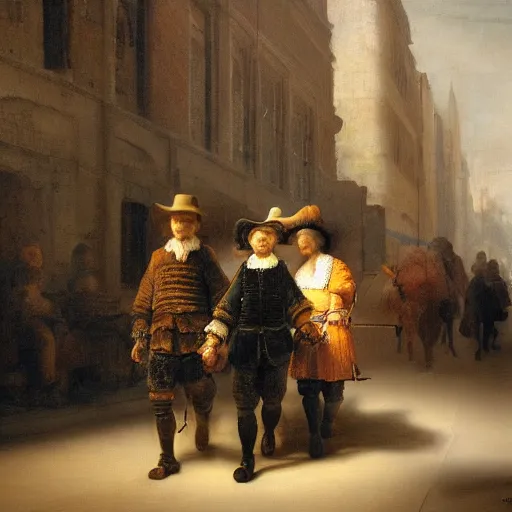 Prompt: high quality high detail painting by rembrandt, people walking in the street, hd, photorealistic lighting