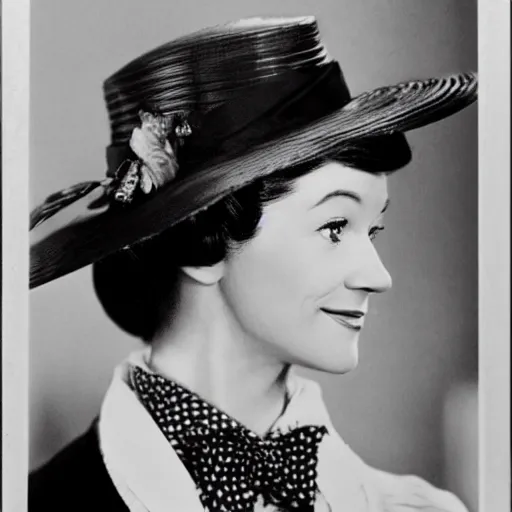 Prompt: A photo of Mary poppins. She is looking at the camera with a slight smile. Full shot camera angle.