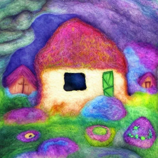 Image similar to small wooden house in the middle of enchanted forest, bright colours, watercolor, volumetric wool felting, macro photography, children illustration, by vacher christophe