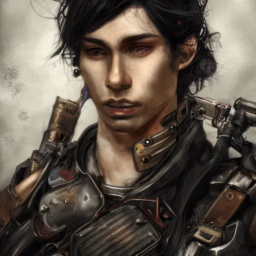 Image similar to portrait of a man by ayami kojima, black, he is about 2 0 years old, short black hair, annoyed older brother vibes, he is wearing a steampunk tactical gear, highly detailed portrait, digital painting, artstation, concept art, smooth, sharp foccus ilustration, artstation hq