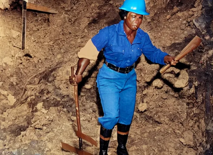 Prompt: 90's professional color photograph, A very muscular miner black woman in blue, short black hair, wielding a pickaxe in the mine.