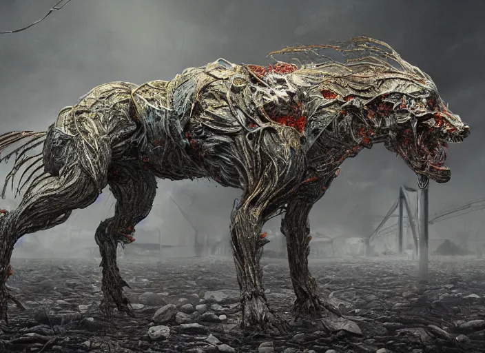 Image similar to detailed full body concept art nightmare Chernobyl mutated animal in full intricate detail, ultra detailed, digital art, octane render, 4K, dystopian, micro details