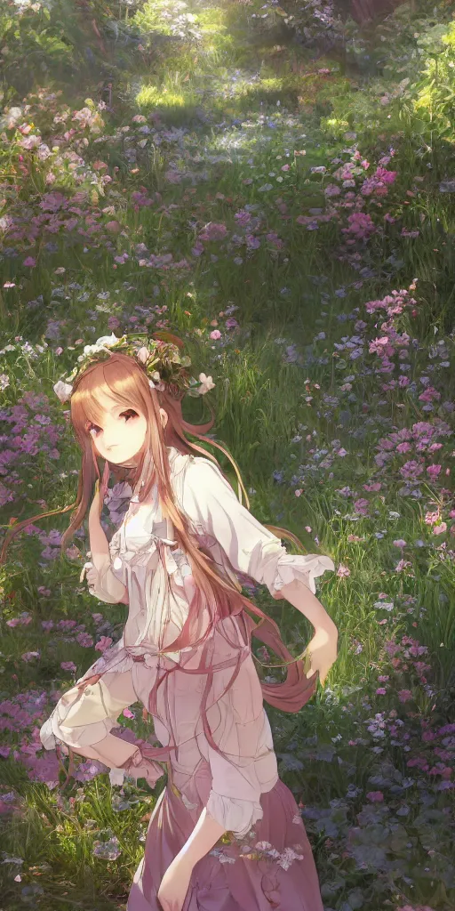 Image similar to a digital art full of atmosphere of a loli with long hair in a dress in the privet garden at after noon, green and warm theme, low angle, back lighting, highly detailed, 4 k resolution, trending on art station, by krenz cushart and mucha and akihito yoshida and greg rutkowski and makoto shinkai