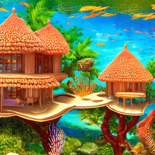 Image similar to underwater architecture treehouse style mansion made of seashells and coral on reef background with sunshine rays from above detailed oil painting 4 k