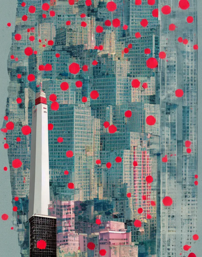 Image similar to fukuoka tower, a collage painting, in the style of wes anderson, lola dupre, david hockney, isolated on negative white space background dark monochrome fluorescent spraypaint accents volumetric octane render, no double figure