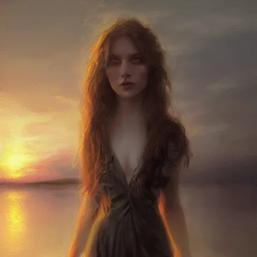 Image similar to beautiful young woman by the lake, sunset, high detail, dramatic light, digital art, painted by seb mckinnon and greg rutkowski, trending on artstation