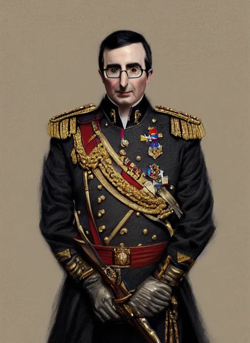 Prompt: portrait of supreme leader john oliver, royalty, extravagant, lord, full body, military uniform, fantasy, intricate, elegant, beautiful, highly detailed, charcoal, centered, dark, smokey, digital painting, artstation, concept art, art by artgerm and greg rutkowski and alphonse mucha