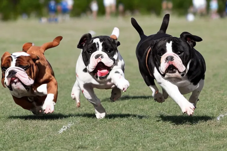 Prompt: bulldogs that are running in a race to cross a finish line