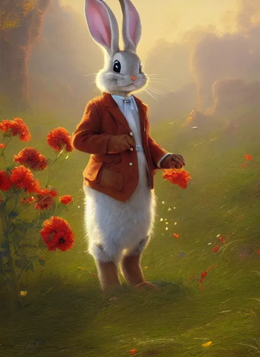 Prompt: bugs bunny as peter rabbit, digital art by eugene de blaas and ross tran, vibrant color scheme, highly detailed, in the style of romanticism, cinematic, artstation, greg rutkowski