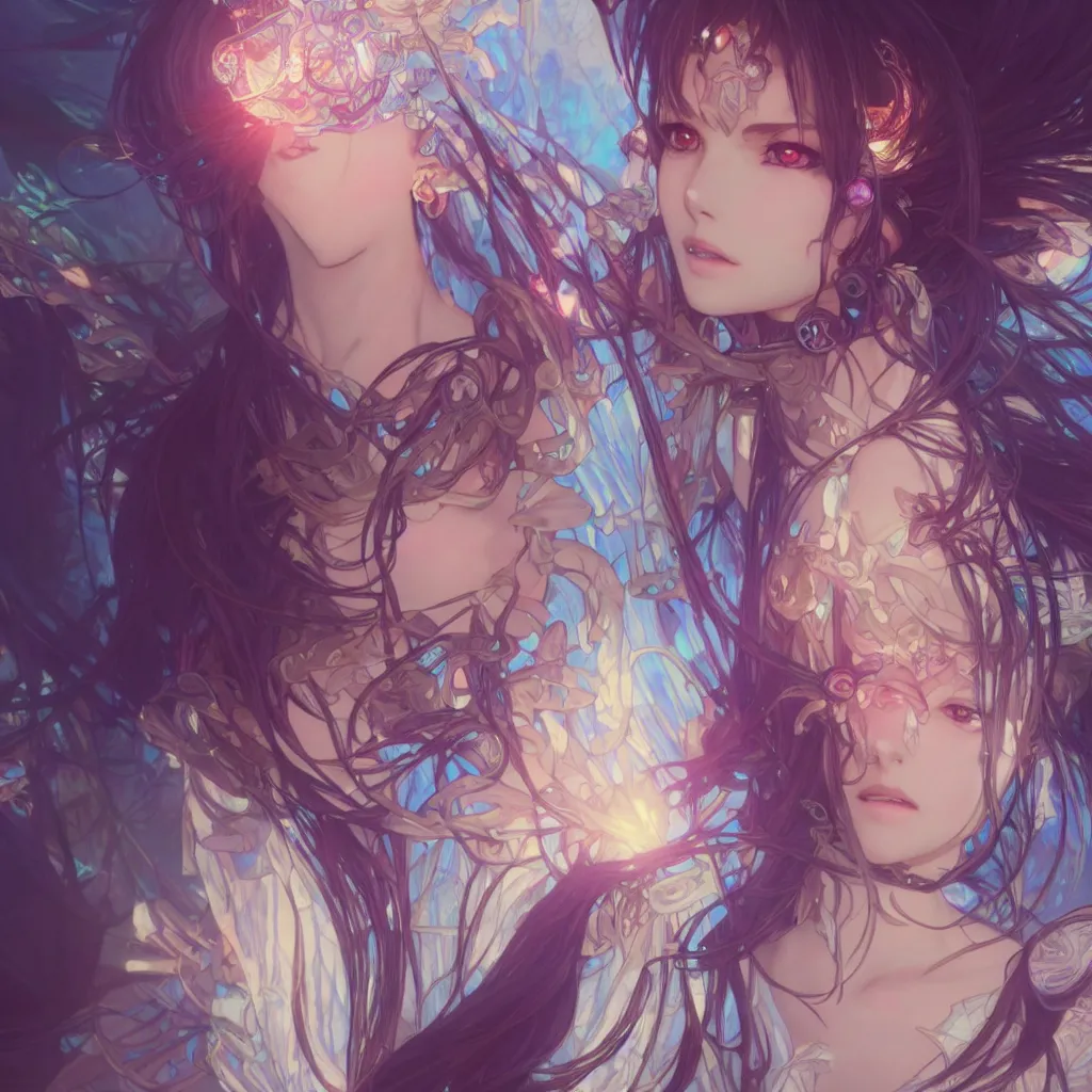 Prompt: 1 krenz cushart and alfons mucha detailed close portrait digital concept of anime cyber fairy, cute, gothic, epic sunbeam and church in background, unreal engine, hyperrealism, cinematic composition, blender render, octane render, hdr, detailed textures, trending on artstation, award winning artwork, 8 k,