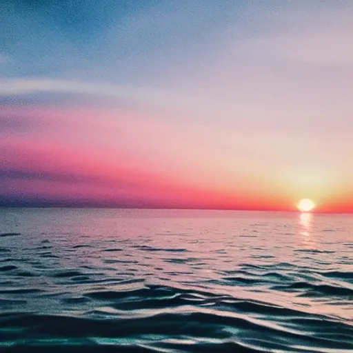 Image similar to dreamland blush colored sky covered with light feathery pink clouds on a reflective waveless flat open infinite ocean mirroring the sky with a pug sliding down an inflatable waterslide in the middle