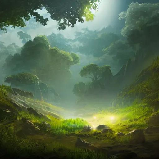 Image similar to beautiful lush natural scene on another planet, with creatures. lightfall. beautiful detailed digital painting. trending on artstation and deviantart.