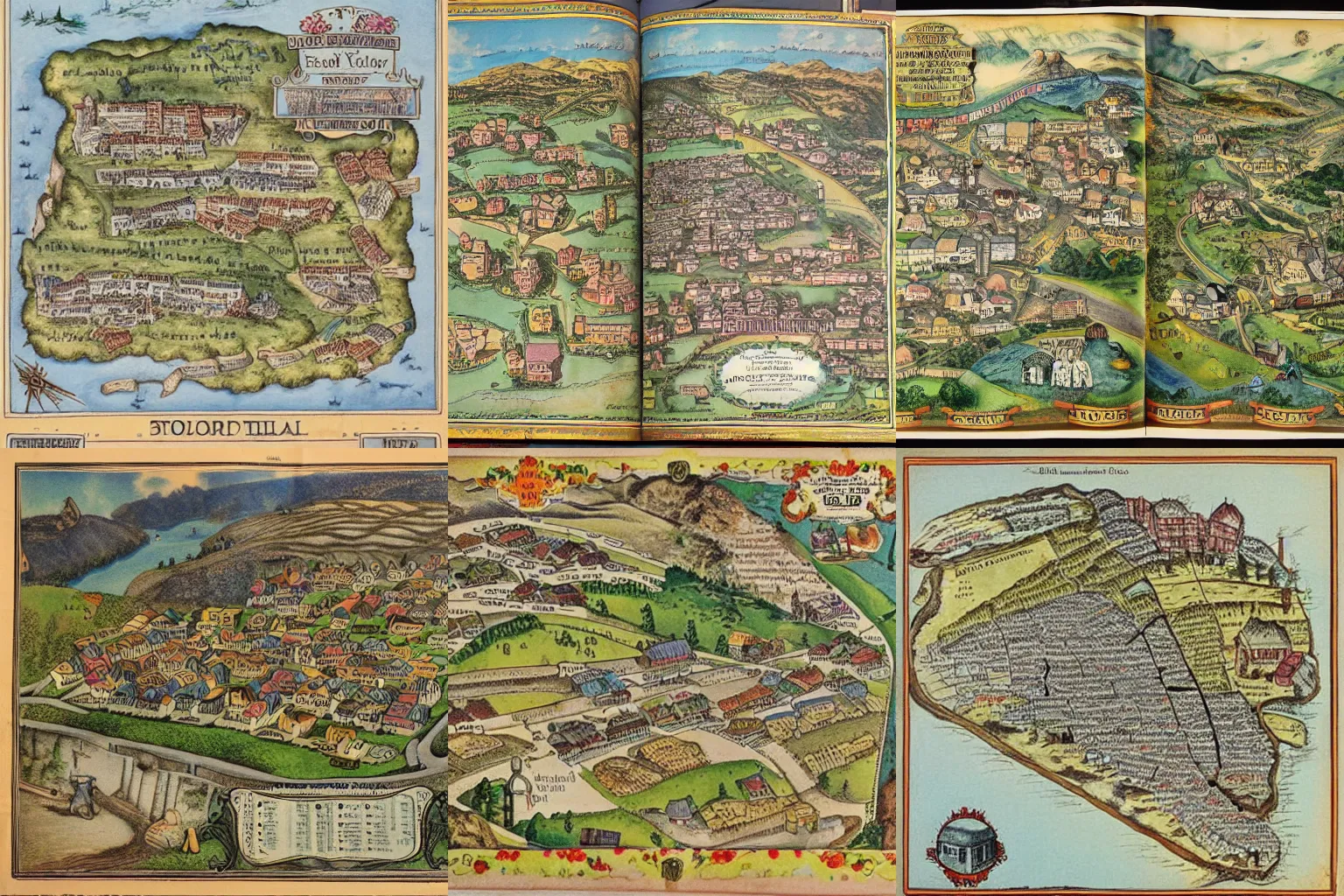 Prompt: of a detailed coloured old vintage story book map of a small coal miners village, roads, mines, schools, shops all are located on map, parchment paper, cartography, illustration, fantasy, high detail,