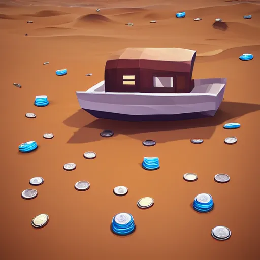 Prompt: boat in the dessert filled with coins, game concept, low poly