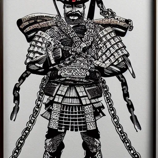 Image similar to samurai wrapped in chains ,ink art