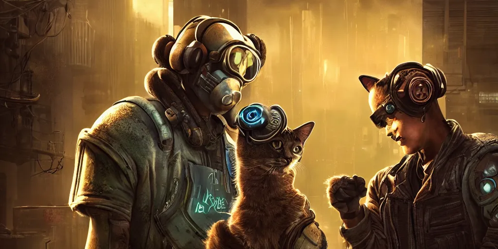 Image similar to cyberpunk cat and normal cat, brothers, fallout 5, studio lighting, deep colors, apocalyptic setting