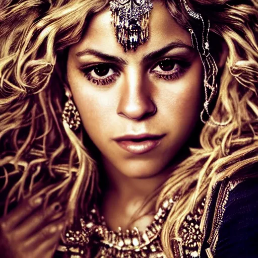 Image similar to beautiful very detailed portrait of Shakira with lots of jewelry, digital art , photos by Annie Leibovitz, moody, models by 500px, dramatic cinematic lighting rendered by octane, 8k, detailed, intricate, clean and textures, trending on artstation, deviantart google images, pinterest