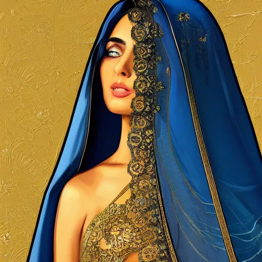 Prompt: beautiful persian woman behind a blue veil, symmetrical, short dress, glowing eyes, intricate details, full body, detailed face, ultradetailed, 8 k, epic atmosphere, digital art by simon cowell and moebius