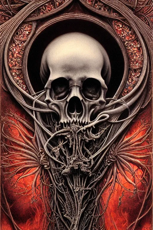 Prompt: detailed realistic memento mori lithograph, red smoke and ash, mixture of life and death, by cameron gray and ernst haeckel and beksinski and h. r. giger, gothic ornament, skulls, bones, art nouveau, neogothic, ornate botanicals, symmetry, polished, artstation