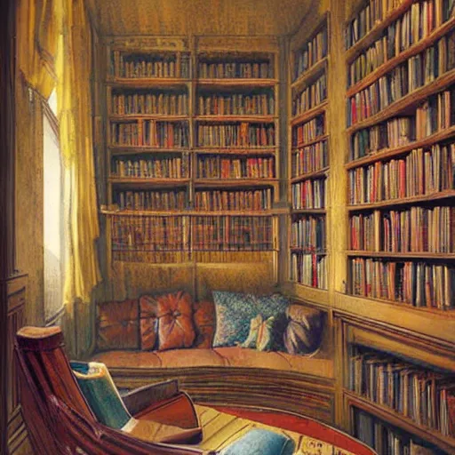 Prompt: coziest reading nook of the sacred library by james gurney
