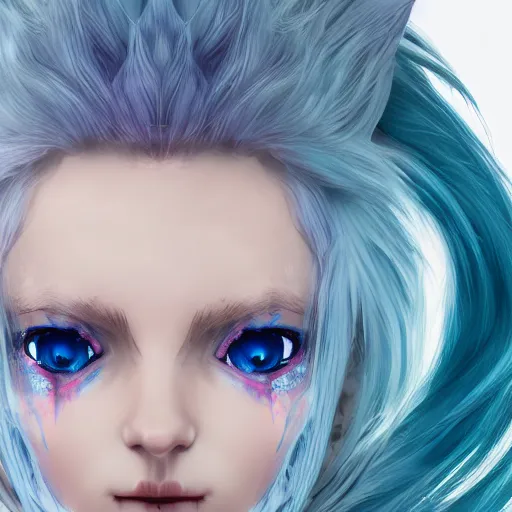 Prompt: portrait of young girl half dragon half human , dragon skin, dragon eyes, dragon crown, blue hair, long hair, highly detailed 3D render, 8k, rpg concept art character, jrpg character, manga, anime, video game character, concept art, David Lynch