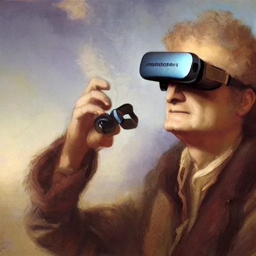 Prompt: portrait of isaac newton using a vr googles oculus rift, artwork by gaston bussiere, craig mullins, trending on artstation