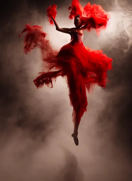 Image similar to a Photorealistic dramatic hyperrealistic render of a glamorous beautiful Lovecraftian monster smoke dancer wearing red by Ken Brower and Deborah Ory of NYC Dance project,Lois Greenfield,Flowing cloth and smoke,Beautiful dynamic dramatic dark moody lighting,volumetric,shadows,cinematic atmosphere,Octane render,8K